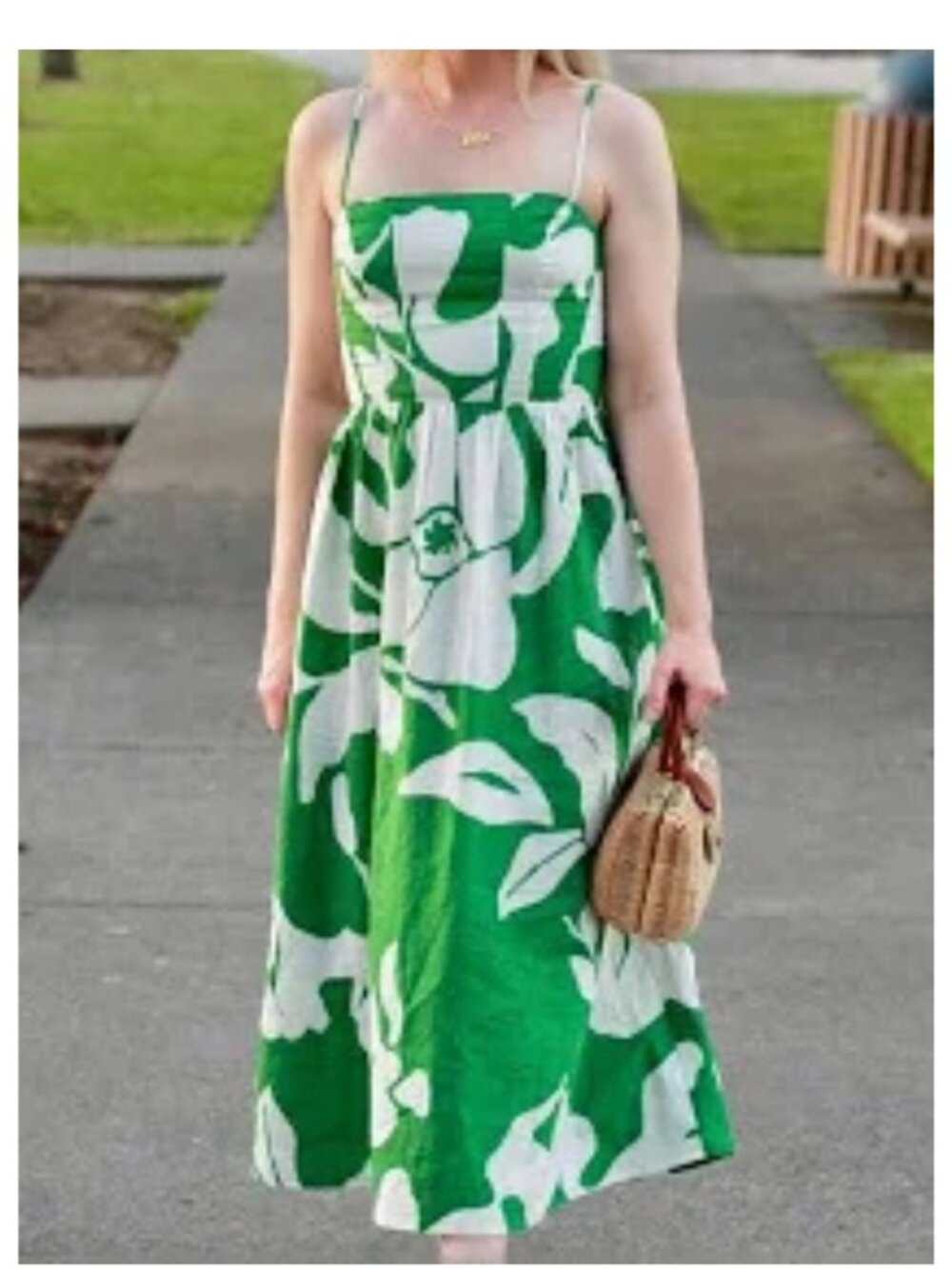 H&M Green & White Floral Pattern Spaghetti Strap Sundress Midi Size L